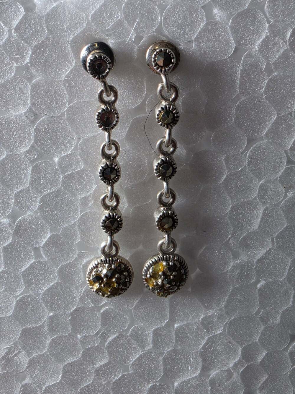 NF 925 Sterling Silver Dangle Earrings with Marcasite and Yellow Stones